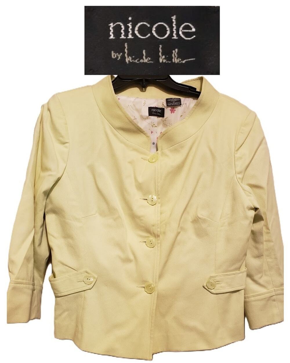 🍋 Nicole Miller Cropped Blazer Jacket Mandarin Collar Lemon Yellow - Women's 12